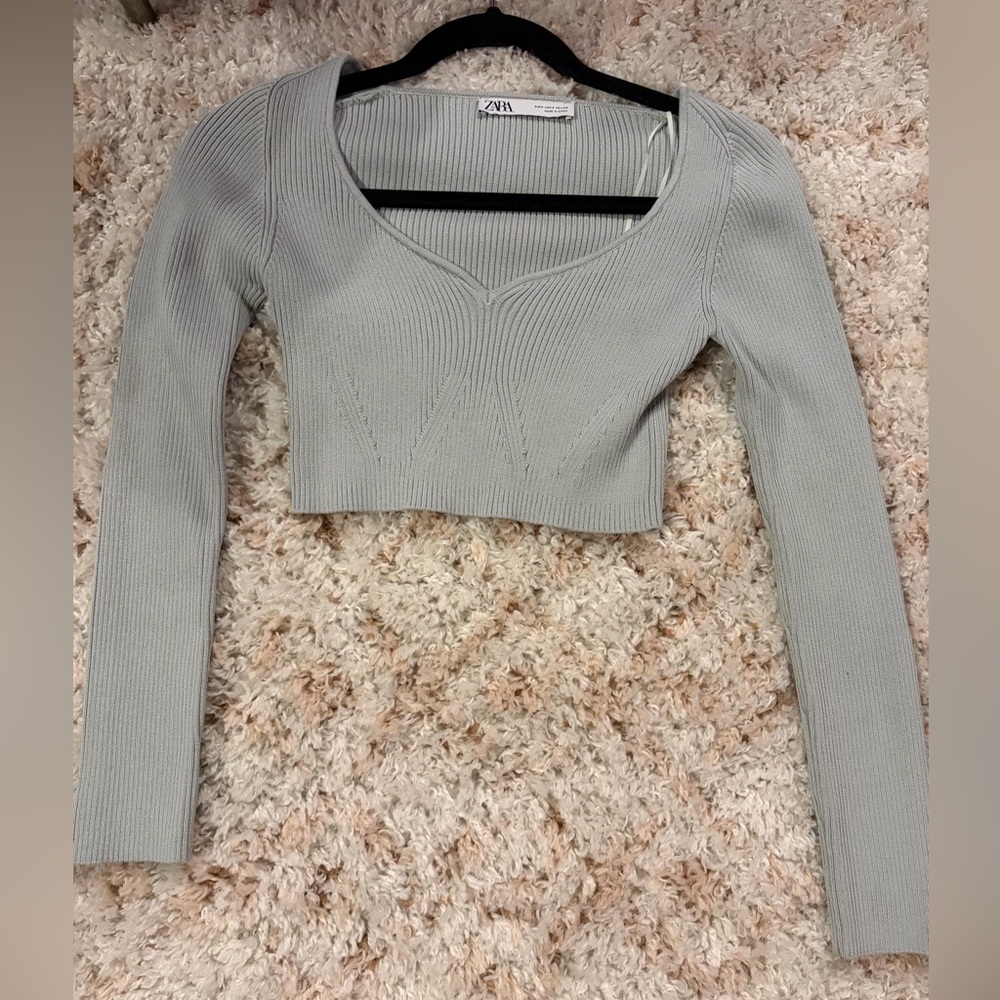 Zara Ribbed Light Blue/Grey Long-Sleeve Crop Top Small - Picture 3 of 7